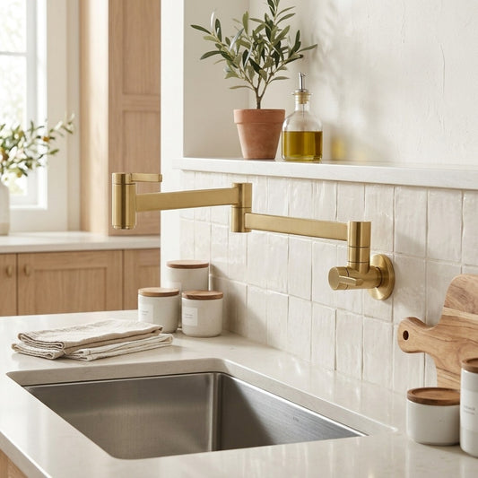 Lagomel wall-mounted pot filler in brushed gold, chrome, polished gold, matte black, brushed nickel, set in a Contemporary bathroom