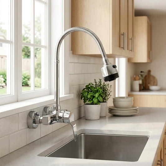 Lagomel single-handle wall-mount kitchen faucet in chrome, set in a Contemporary kitchen