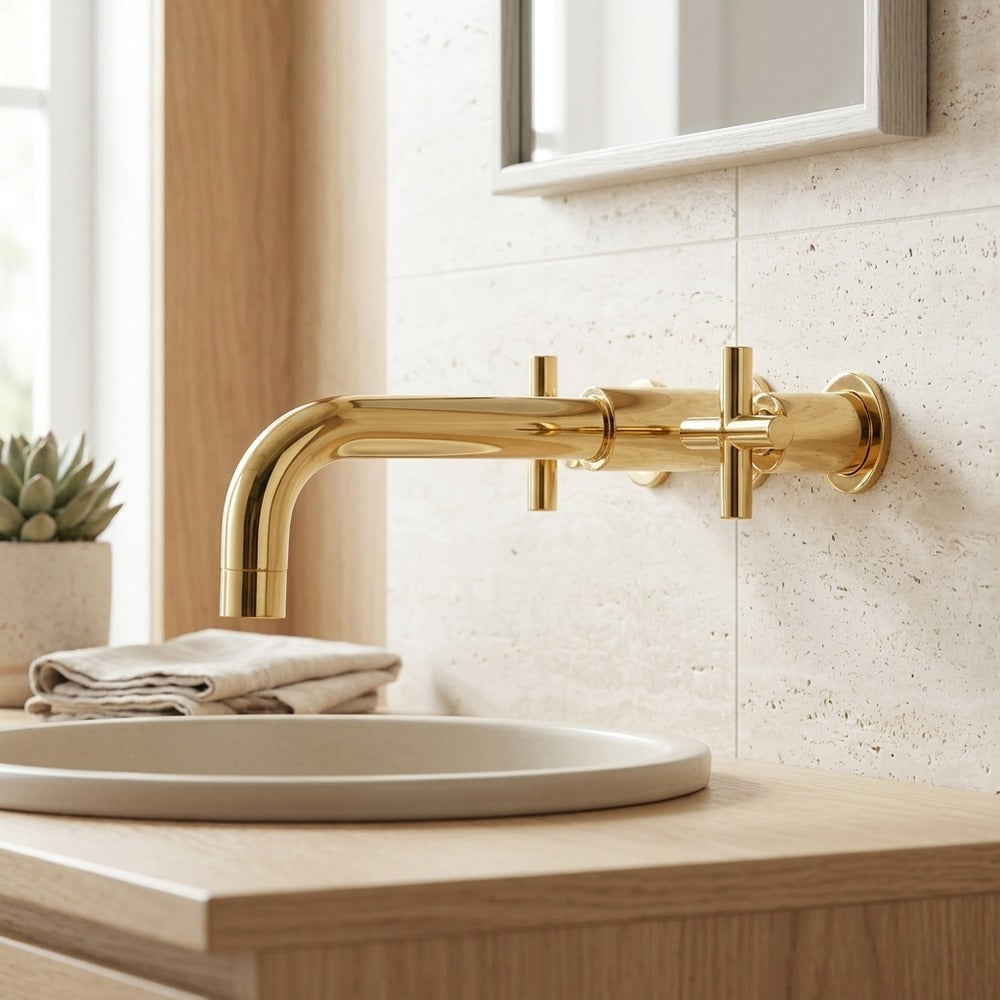Lagomel wall-mount bathroom faucet in brushed gold, chrome, gunmetal, set in a Contemporary bathroom