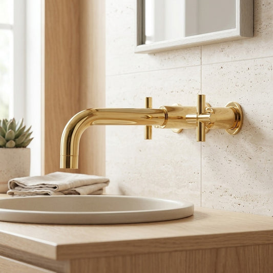 Lagomel wall-mount bathroom faucet in brushed gold, chrome, gunmetal, set in a Contemporary bathroom