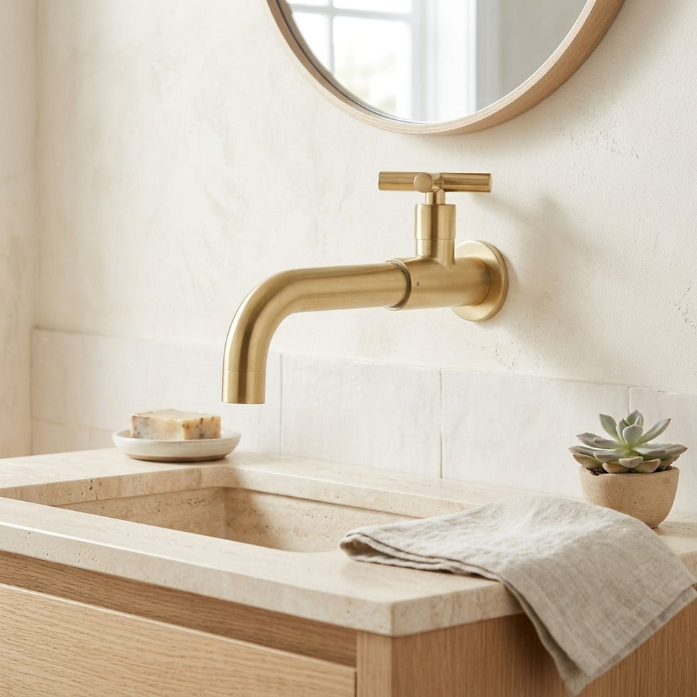Lagomel wall-mount bathroom faucet, set in a Modern/Minimalist bathroom
