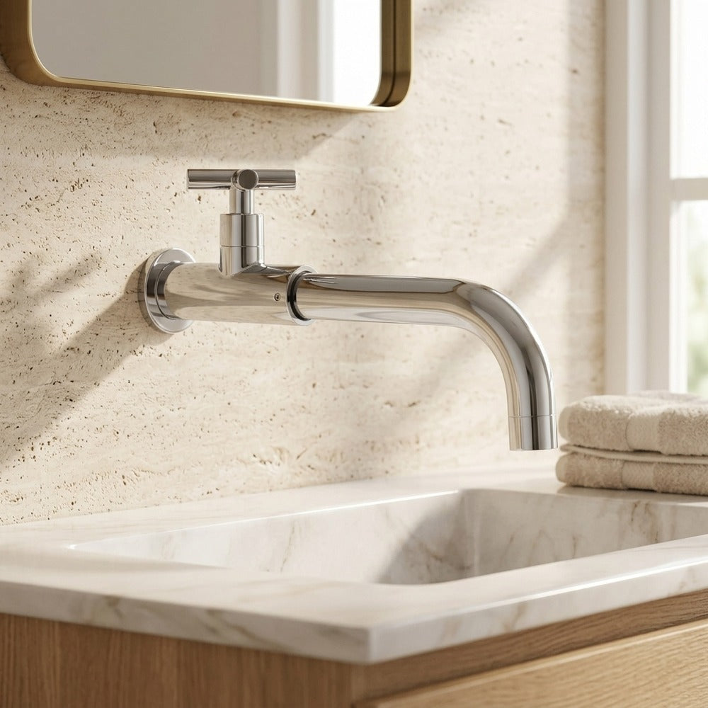 Lagomel wall-mount bathroom faucet, set in a Modern/Minimalist bathroom