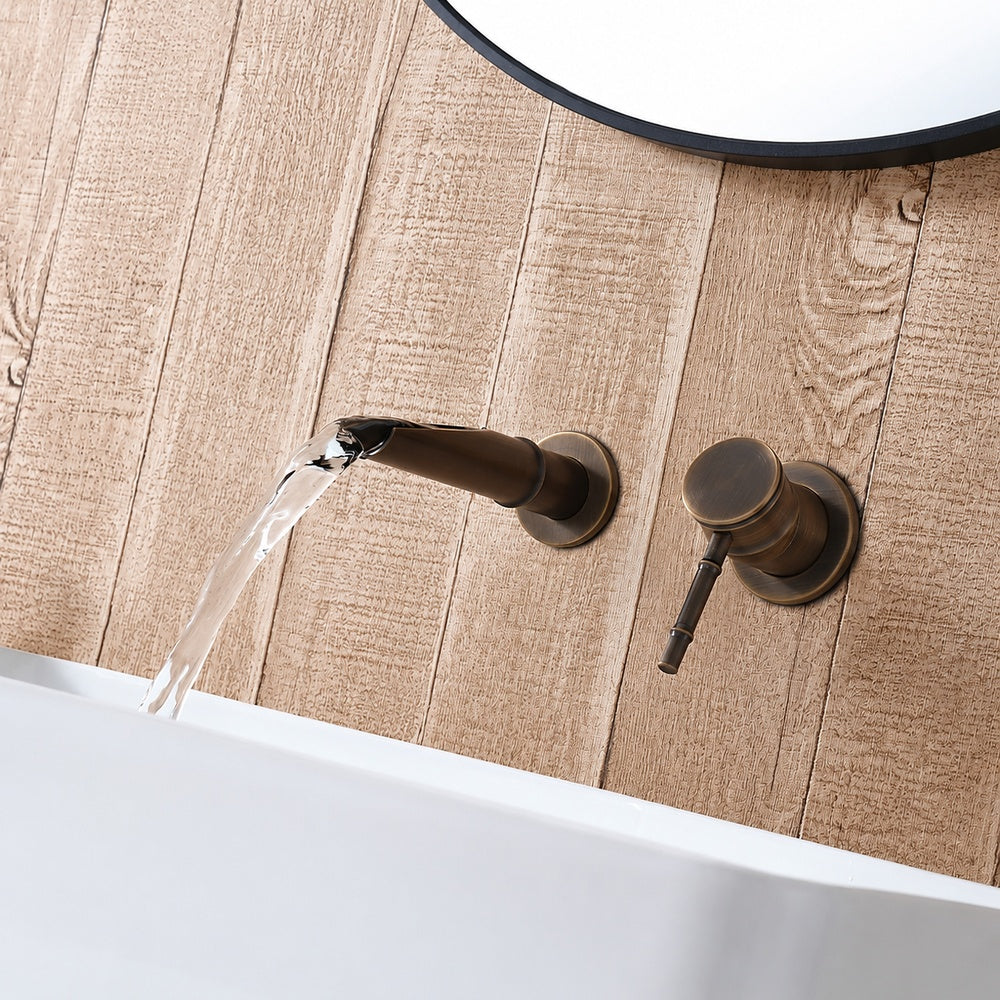 Modern Wall-Mount Waterfall Bathroom Faucet, Single-Handle Brass Faucet, Antique Brass / Brushed Gold