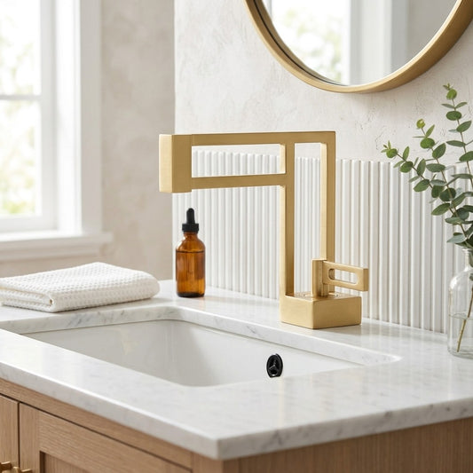 Lagomel single-hole bathroom faucet in matte black, brushed gold, brushed nickel, matte white, two-tone / mixed, set in a Modern/Minimalist bathroom