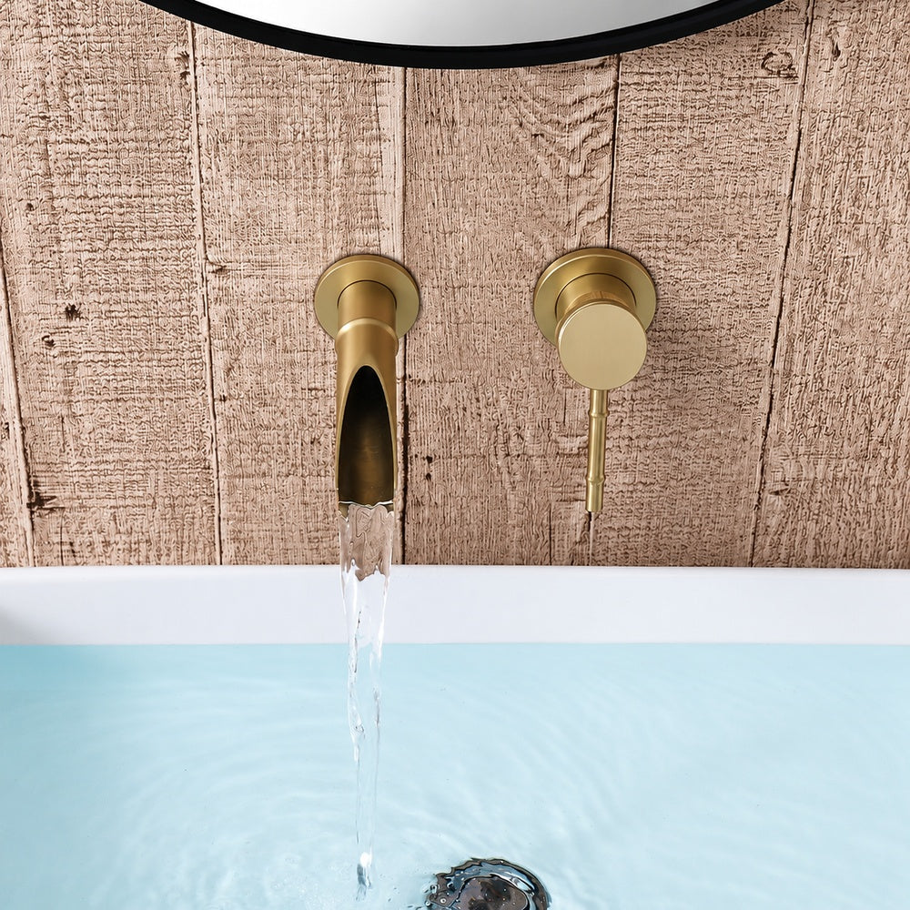 Modern Wall-Mount Waterfall Bathroom Faucet, Single-Handle Brass Faucet, Antique Brass / Brushed Gold