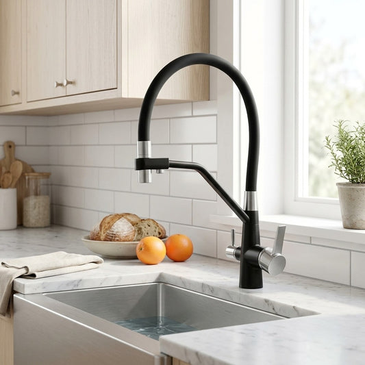Lagomel single-hole pull-down kitchen faucet in chrome, two-tone / mixed finish, set in a Modern/Contemporary kitchen