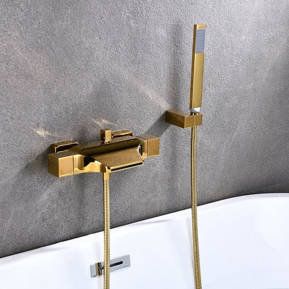Lagomel waterfall wall-mount tub filler, set in a Modern/Contemporary bathroom