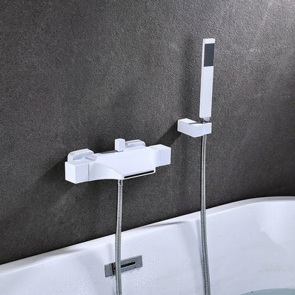 Lagomel waterfall wall-mount tub filler, set in a Modern/Contemporary bathroom
