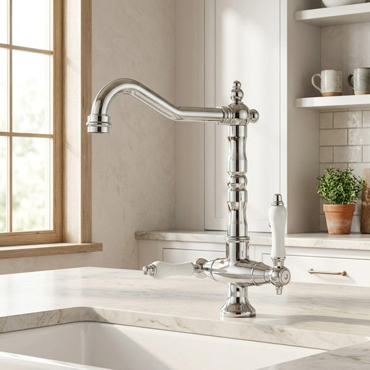 Lagomel single-hole two-handle kitchen faucet in chrome, antique brass, matte black, polished gold, set in a Traditional/Classic kitchen
