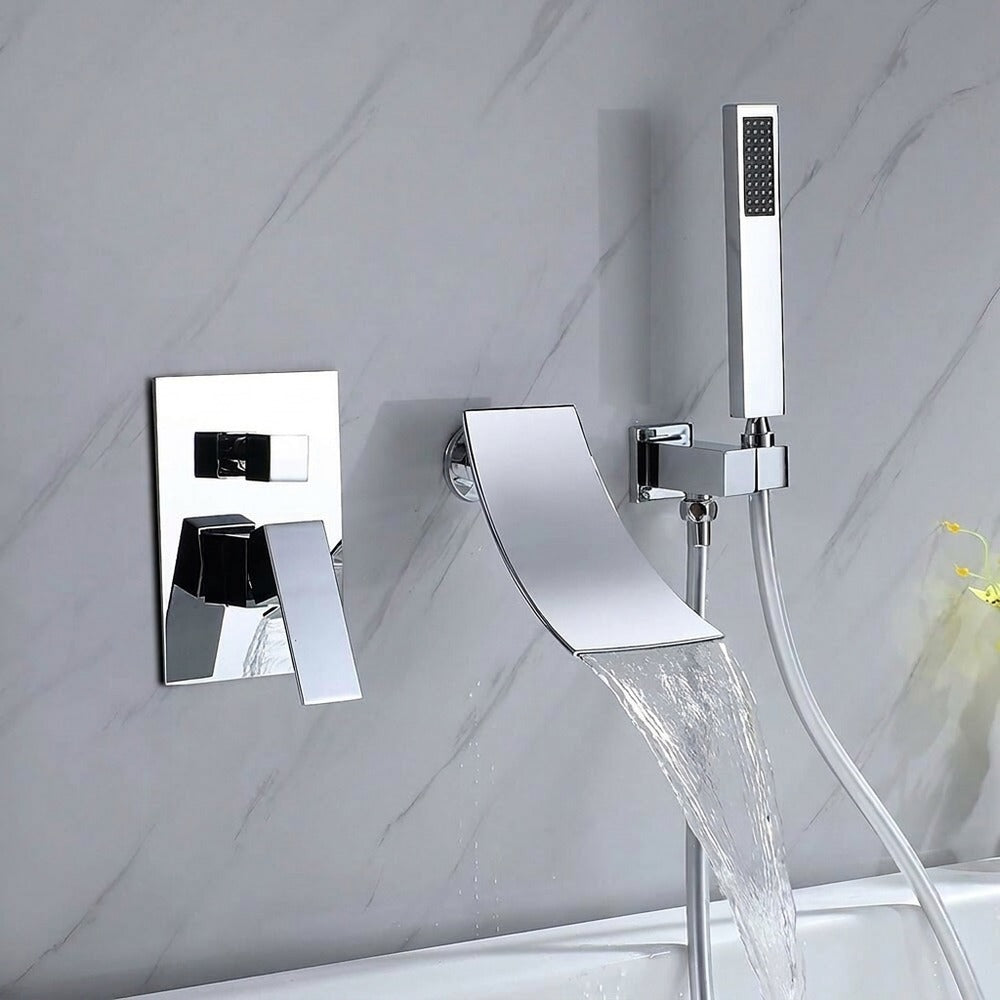 Lagomel waterfall single-handle wall-mount tub filler in chrome, set in a Contemporary/Modern bathroom