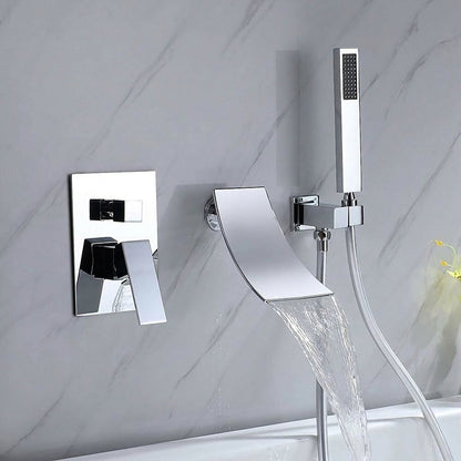Lagomel waterfall single-handle wall-mount tub filler in chrome, set in a Contemporary/Modern bathroom