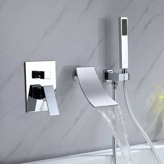 Lagomel waterfall single-handle wall-mount tub filler in chrome, set in a Contemporary/Modern bathroom