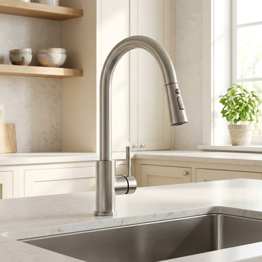 Lagomel single-handle pull-down kitchen faucet in brushed nickel, set in a Modern/Minimalist kitchen