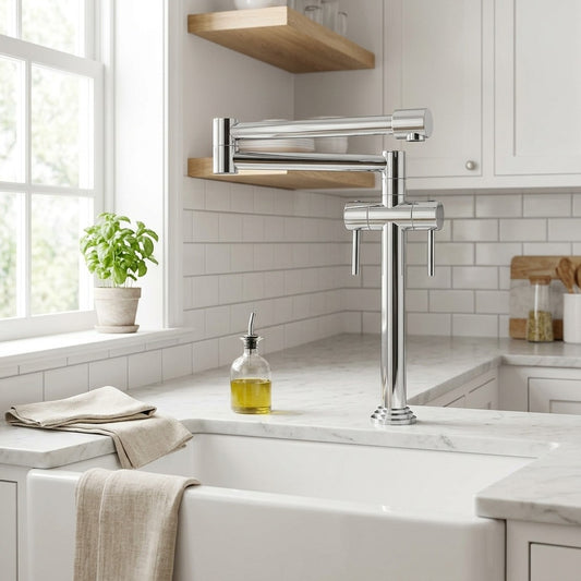 Lagomel single-hole two-handle kitchen faucet in chrome, matte black, brushed nickel, oil-rubbed bronze, brushed gold, antique, set in a Contemporary kitchen