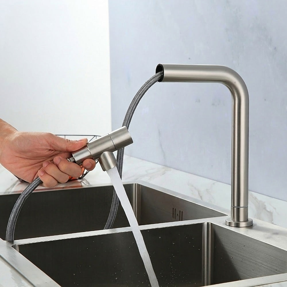 Lagomel single-hole single-handle pull-out kitchen faucet in brushed nickel, set in a Contemporary kitchen