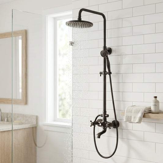 Lagomel wall-mounted tub and shower system in oil-rubbed bronze, matte black, polished gold, set in a Traditional/Classic/Vintage/Retro bathroom