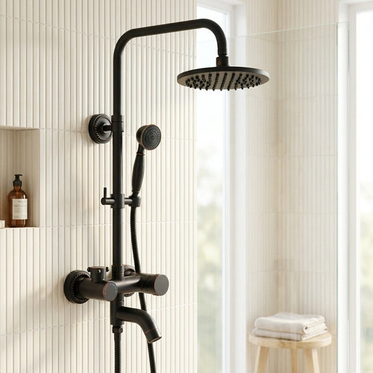 Lagomel wall-mounted tub and shower system in two-tone / mixed finish, set in a Vintage/Retro/Rustic bathroom