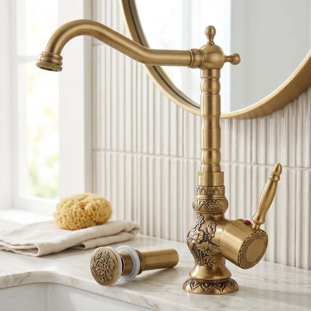 Lagomel single-handle faucet and drain set in antique brass, set in a Vintage/Retro bathroom