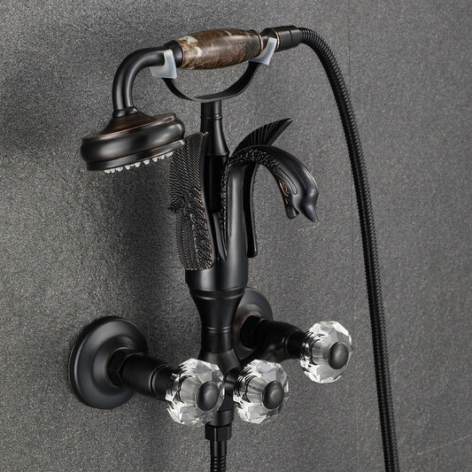 Lagomel wall-mount tub filler in antique brass, matte black, chrome, polished gold, set in a Contemporary/Vintage/Retro bathroom