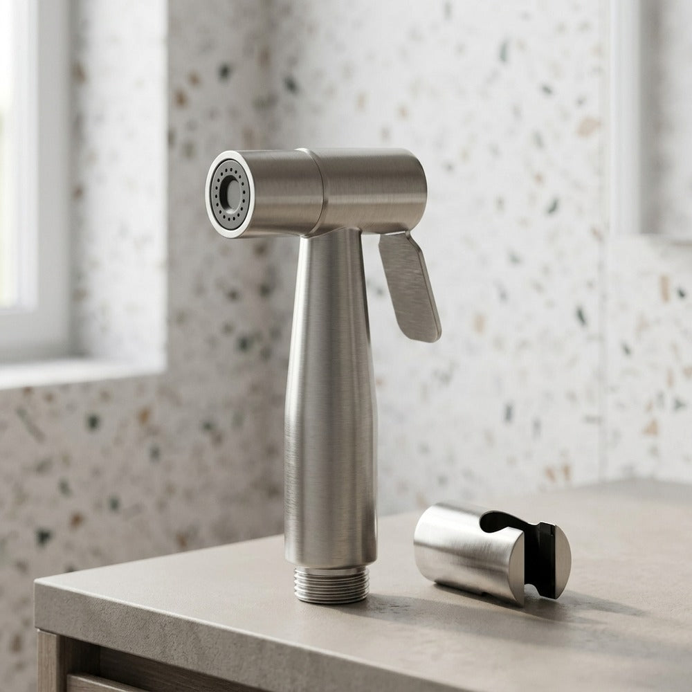Lagomel wall-mounted bidet faucet in stainless steel, set in a Contemporary bathroom