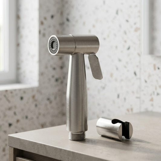 Lagomel wall-mounted bidet faucet in stainless steel, set in a Contemporary bathroom