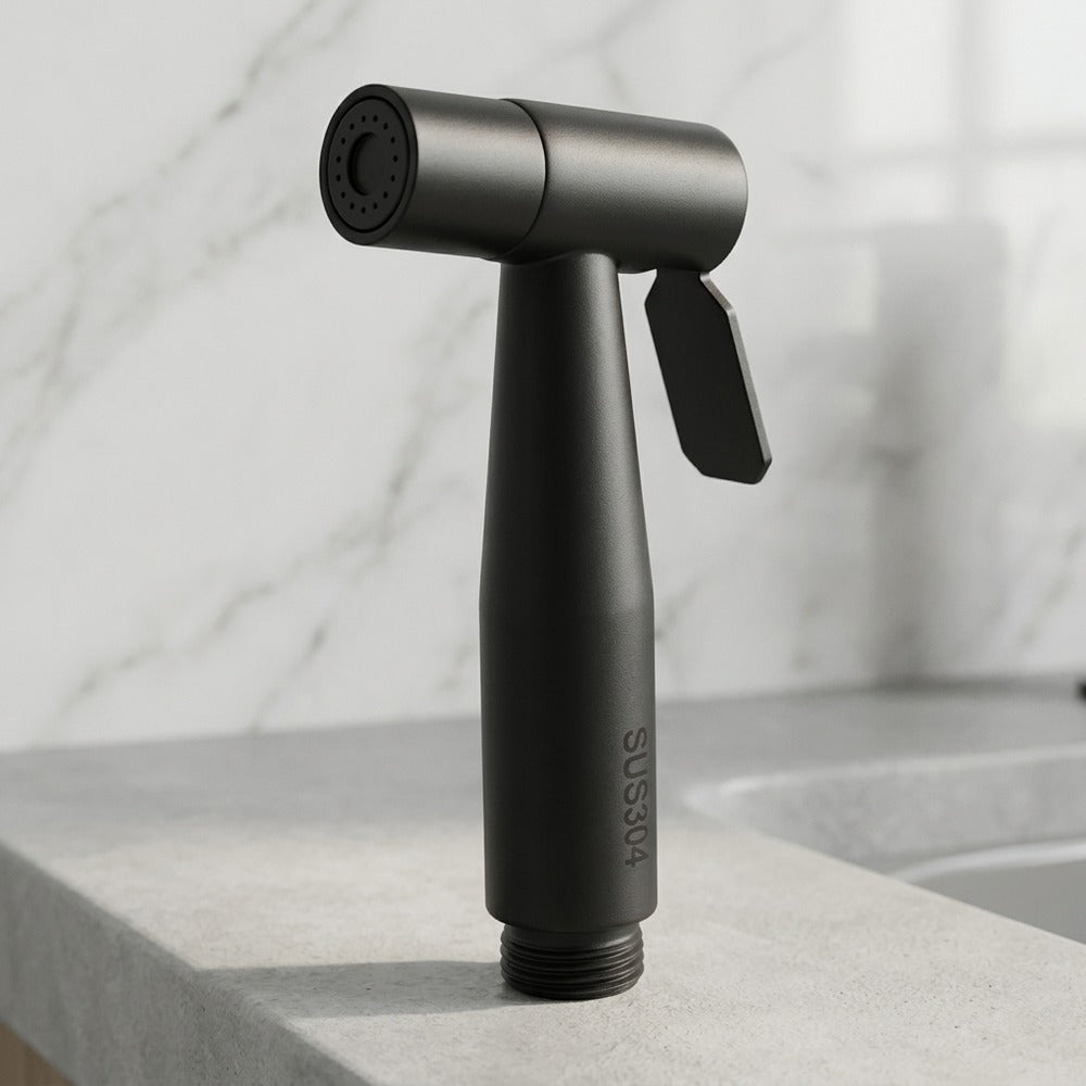 Lagomel wall-mounted bidet faucet in matte black, set in a Modern/Contemporary bathroom