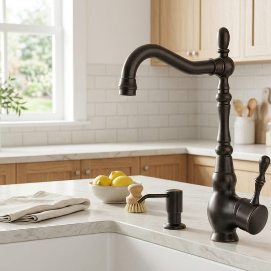 Lagomel single-handle kitchen faucet in oil-rubbed bronze, set in a Traditional/Classic/Vintage/Retro kitchen