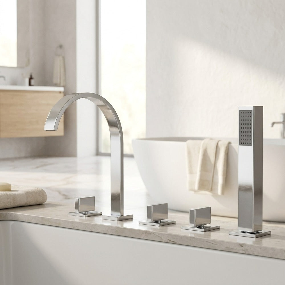 Lagomel deck-mount tub filler in chrome, matte black, set in a Contemporary bathroom