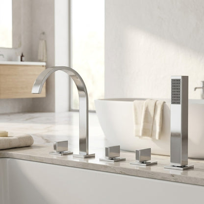Lagomel deck-mount tub filler in chrome, matte black, set in a Contemporary bathroom