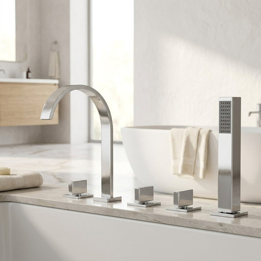 Lagomel deck-mount tub filler in chrome, matte black, set in a Contemporary bathroom