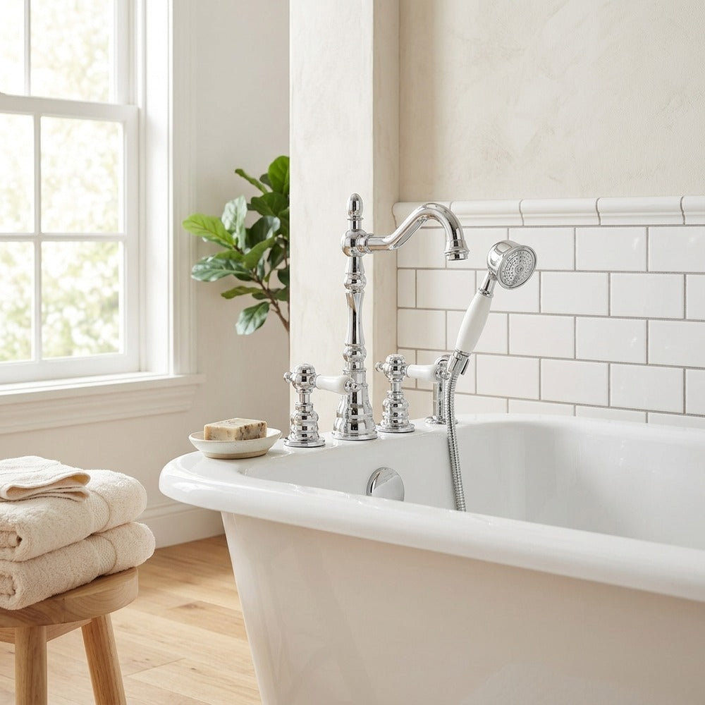 Lagomel deck-mount tub filler in chrome, two-tone / mixed finish, set in a Traditional/Classic bathroom