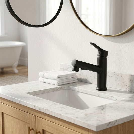Lagomel pull-out single-hole bathroom faucet in matte black, chrome, set in a Modern/Contemporary bathroom