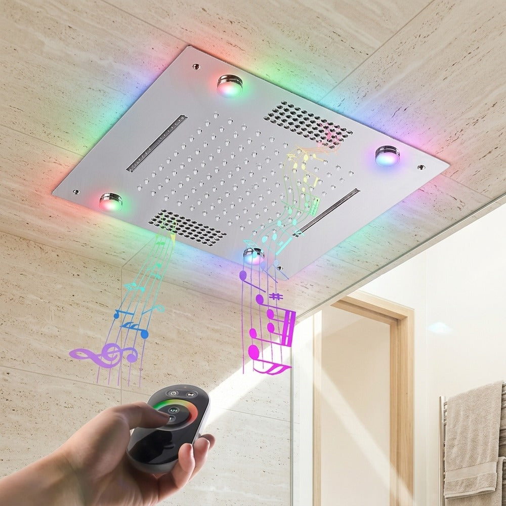 Lagomel waterfall rain shower head in chrome, matte black, set in a Contemporary bathroom