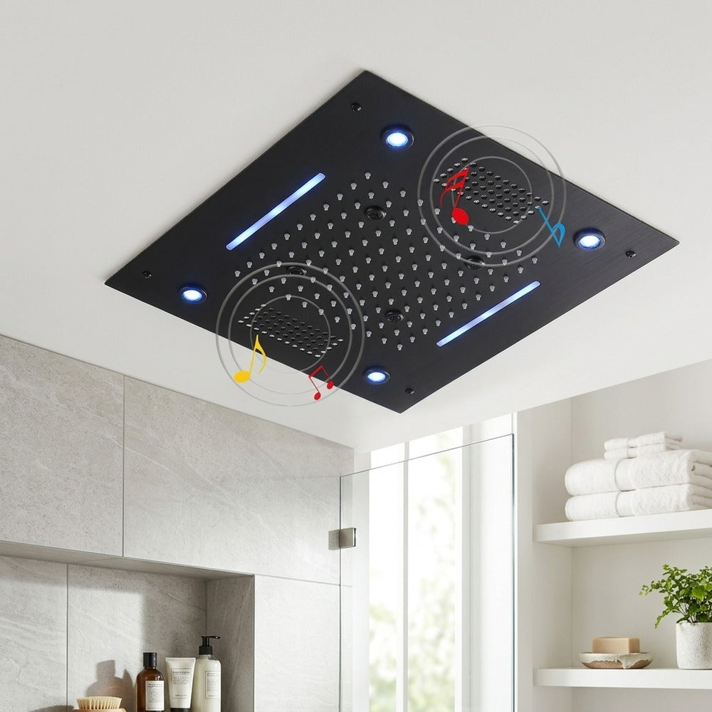 Lagomel waterfall rain shower head, set in a Contemporary bathroom