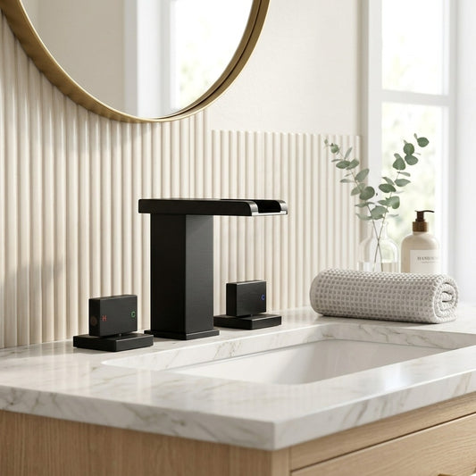 Lagomel waterfall widespread bathroom faucet in chrome, matte black, set in a Modern/Contemporary bathroom