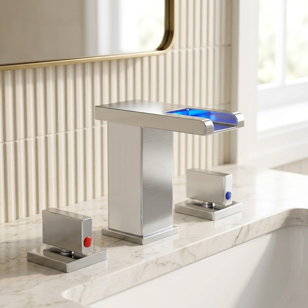 Lagomel waterfall widespread bathroom faucet, set in a Modern/Contemporary bathroom