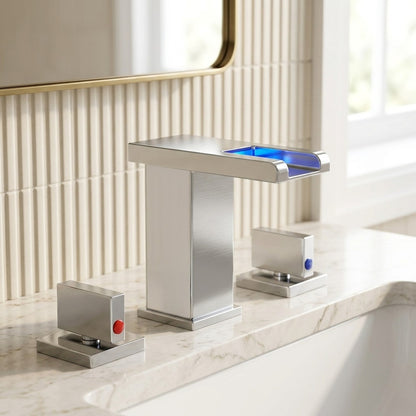 Lagomel waterfall widespread bathroom faucet, set in a Modern/Contemporary bathroom