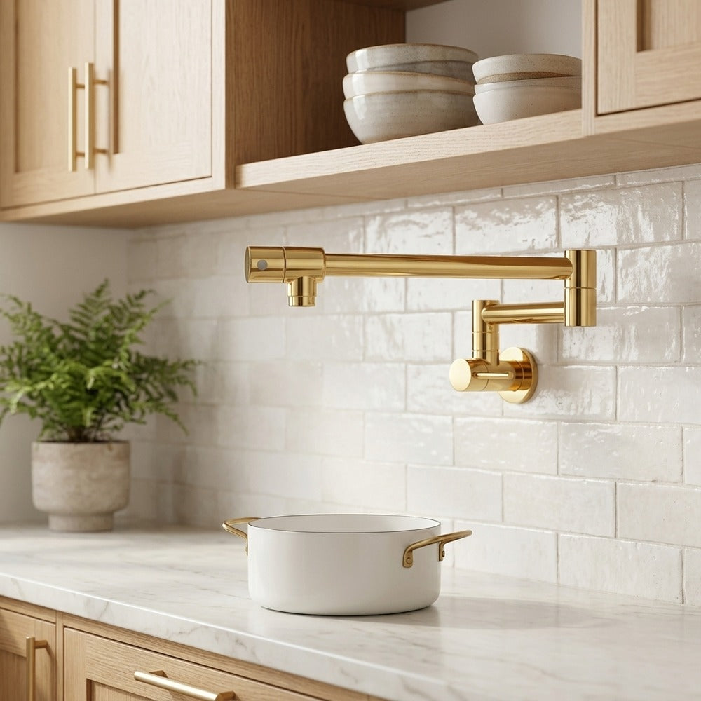 Lagomel wall-mounted pot filler in chrome, matte black, polished gold, brushed gold, set in a Modern/Contemporary kitchen
