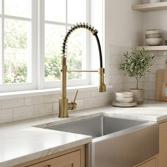 Lagomel pull-down single-handle pre-rinse kitchen faucet in antique brass, set in a Traditional/Classic/Vintage/Retro kitchen