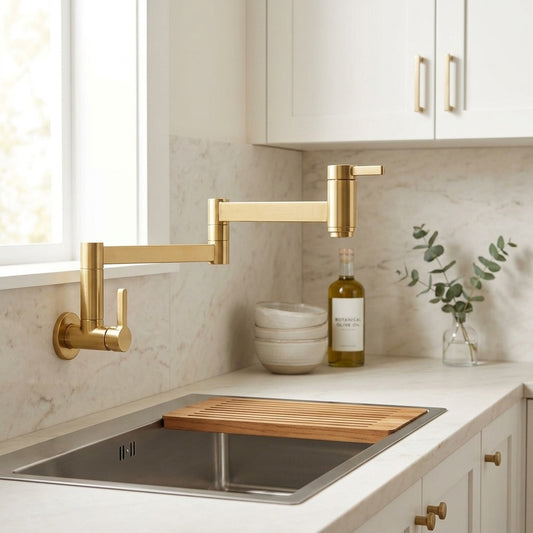 Lagomel wall-mounted pot filler in brushed gold, chrome, brushed nickel, two-tone / mixed finish, matte black, set in a Contemporary kitchen