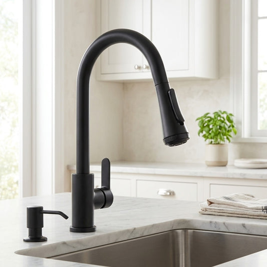 Lagomel single-handle pull-down kitchen faucet in matte black, two-tone / mixed finish, set in a Modern/Contemporary kitchen