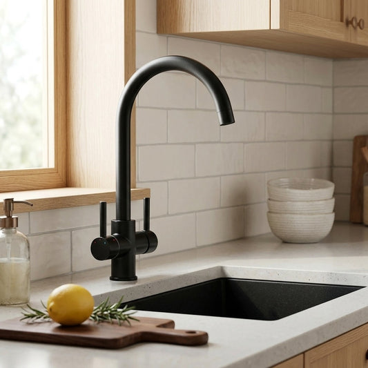 Lagomel single-hole two-handle kitchen faucet in matte black, chrome, set in a Modern kitchen