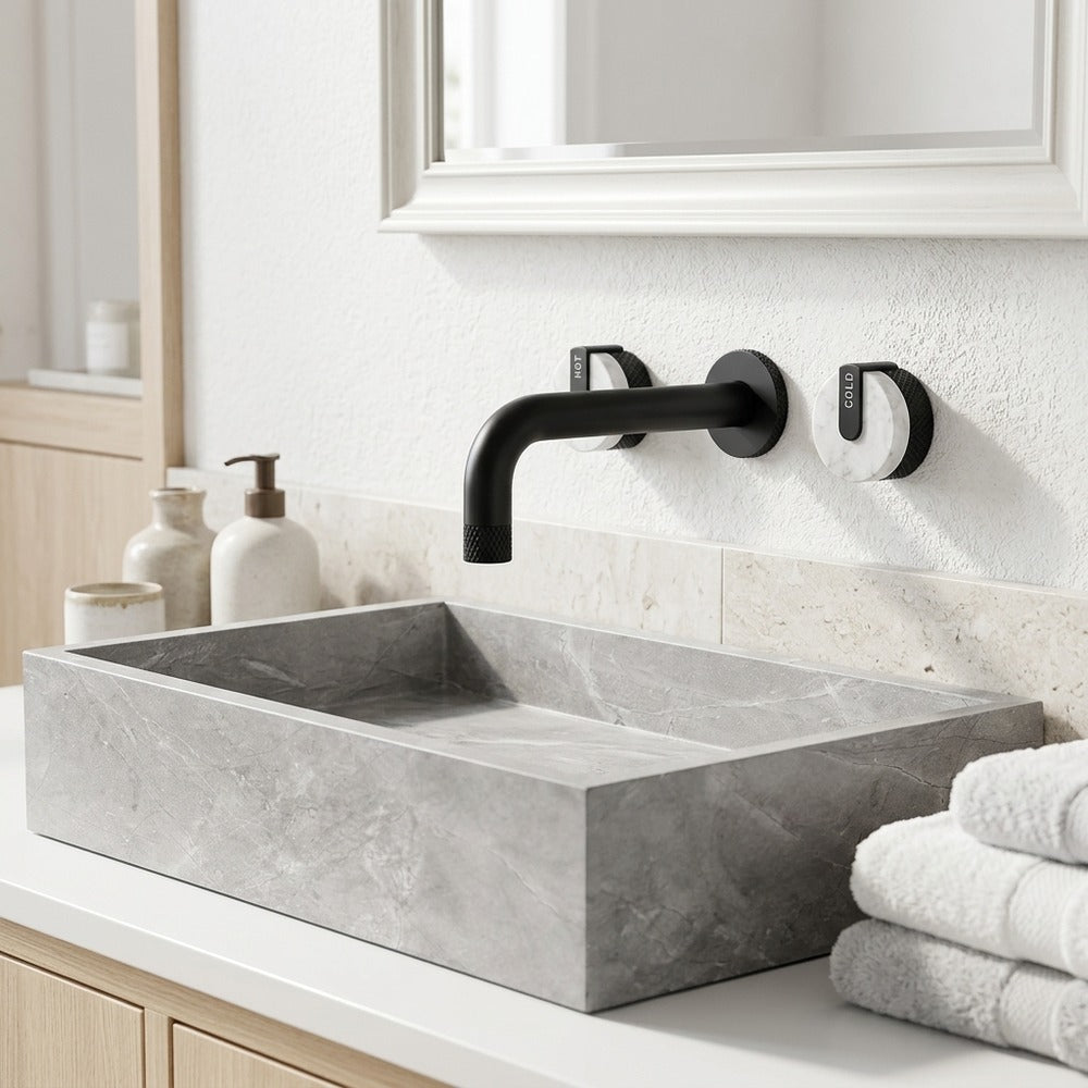 Lagomel wall-mount bathroom faucet in matte black, two-tone / mixed finish, set in a Contemporary/Modern bathroom