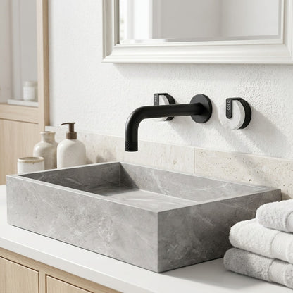Lagomel wall-mount bathroom faucet in matte black, two-tone / mixed finish, set in a Contemporary/Modern bathroom