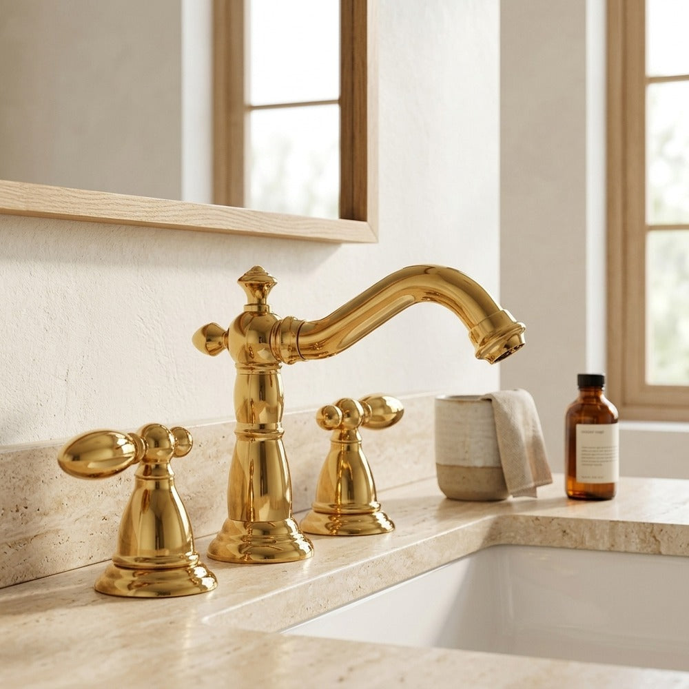 Lagomel widespread bathroom faucet in brushed gold, antique brass, matte black, chrome, set in a Traditional/Classic/Vintage/Retro bathroom