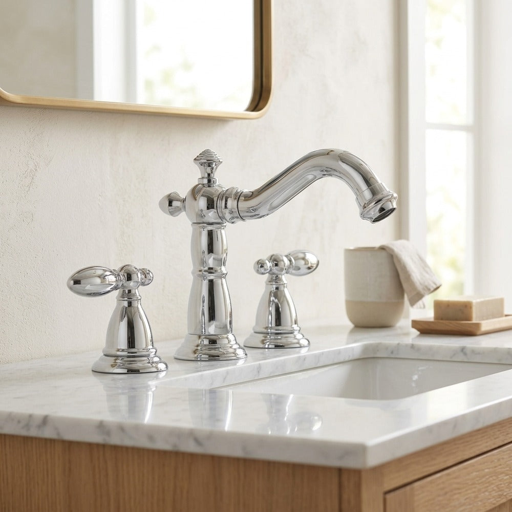 Lagomel widespread bathroom faucet, set in a Modern/Contemporary bathroom