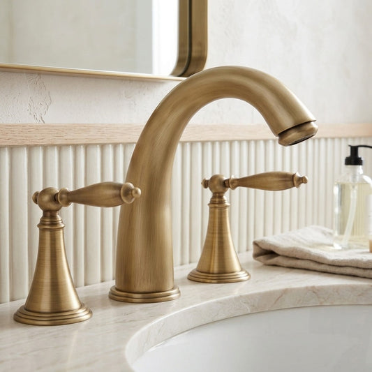 Lagomel widespread bathroom faucet in antique brass, chrome, matte black, polished gold, two-tone / mixed finish, set in a Vintage/Retro bathroom