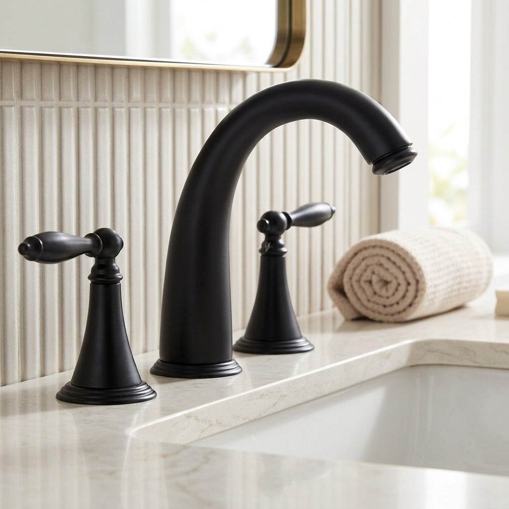 Lagomel widespread bathroom faucet, set in a Modern/Contemporary bathroom