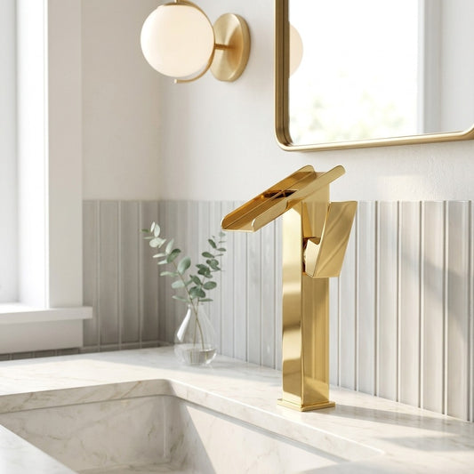 Lagomel waterfall single-hole bathroom faucet in polished gold, set in a Modern/Contemporary bathroom