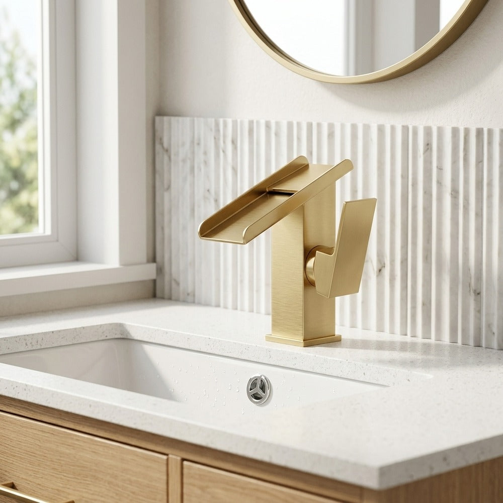 Lagomel waterfall single-hole bathroom faucet, set in a Modern/Minimalist bathroom